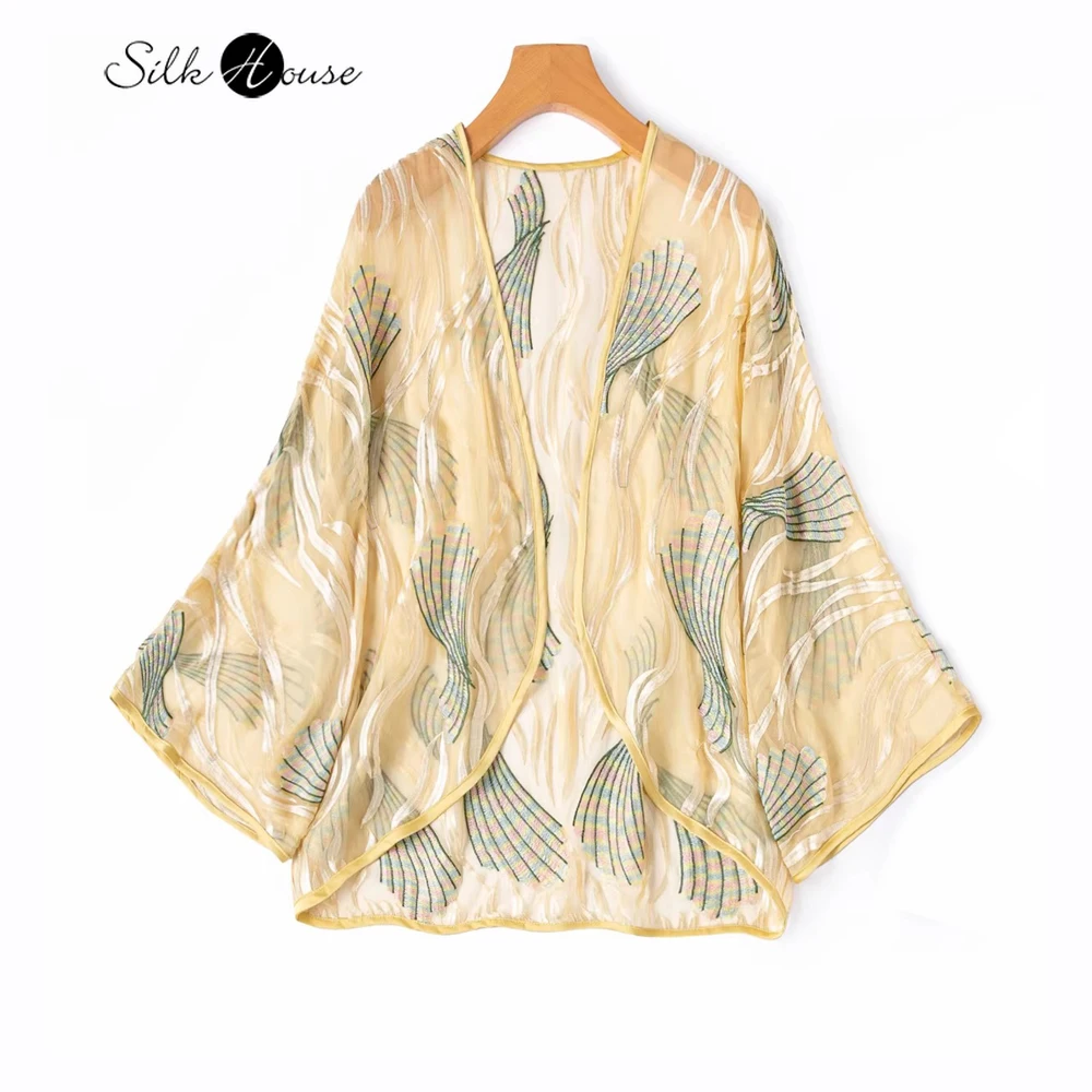 Shell Print Natural Mulberry Silk Georgette Sunscreen Shawl Heavy-duty Embroidered Semi Transparent Batwing Sleeve Cardigan
