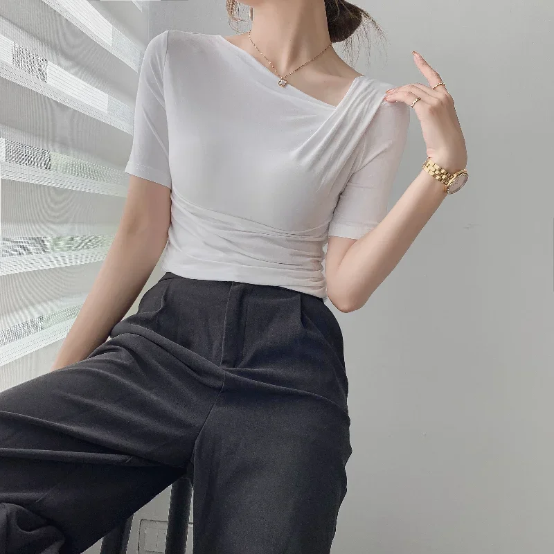Women Basic Cotton Short Sleeve Slim Elastic T-shirts New Fashion Skew Collar Folds Tops Ladies Elegant Summer Sexy Tee Shirt