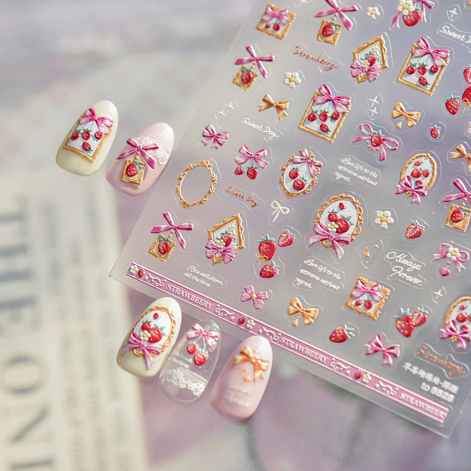 Wit konijn rode strik kant fotolijst huis cadeau aardbei bloem sneeuwvlok liefde hart nail art sticker DIY manicure