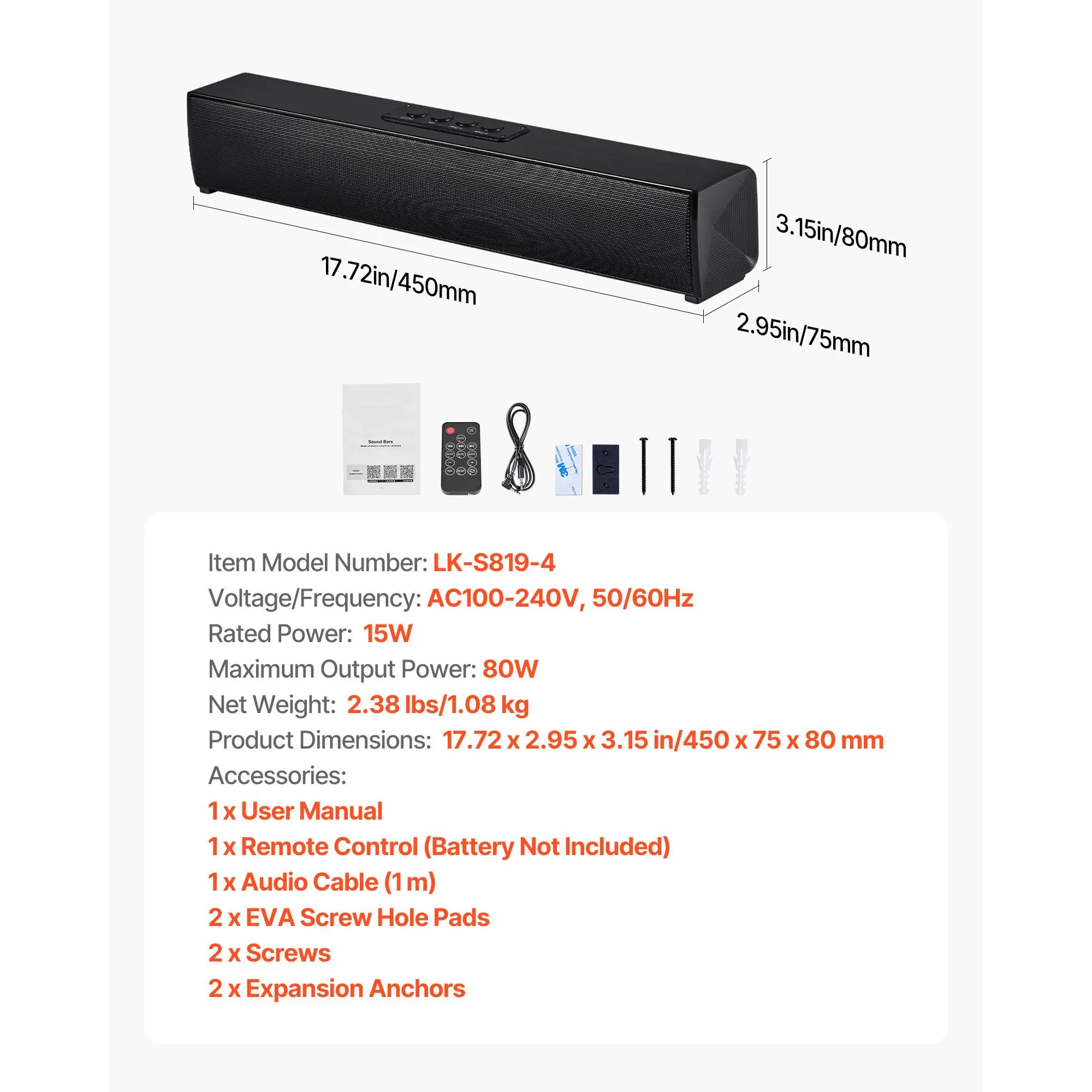 Sound Bar for Smart TV, 2.0 Channel, 17-Inch Compact Soundbar TV Speakers for Projector, Bluetooth AUX Connection, Remote Control, Easy Setup, 80W Surround Sound System for PC Home Theater Audio