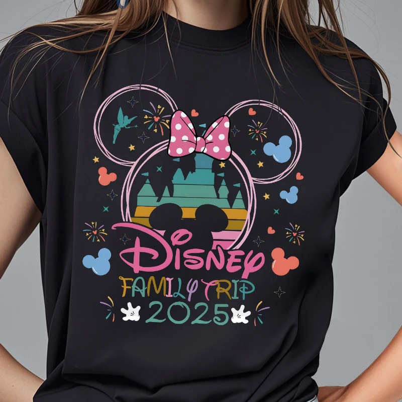 

Disney Mickey Outline Frame Castle Decorated with Fireworks Summer Hot-selling Pure Round Neck Short-sleeved T-shirt Women