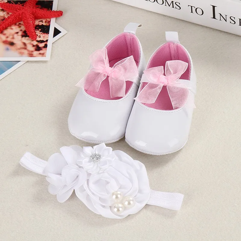 Girls\' shoes, newborn\'s first step shoes, baby princess shoes, soft soles, anti-slip shoes, PU flower leather shoes+hair band