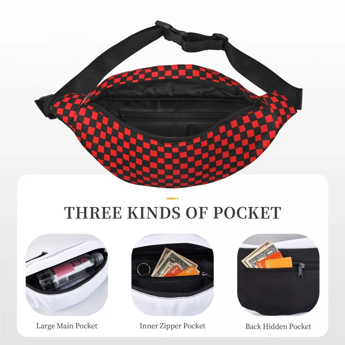 Xadrez geométrico Fanny Pack para homens e mulheres, bolsa de cintura crossbody, bolsa de dinheiro, legal, preto e vermelho, sling, xadrez, ciclismo, telefone, personalizado