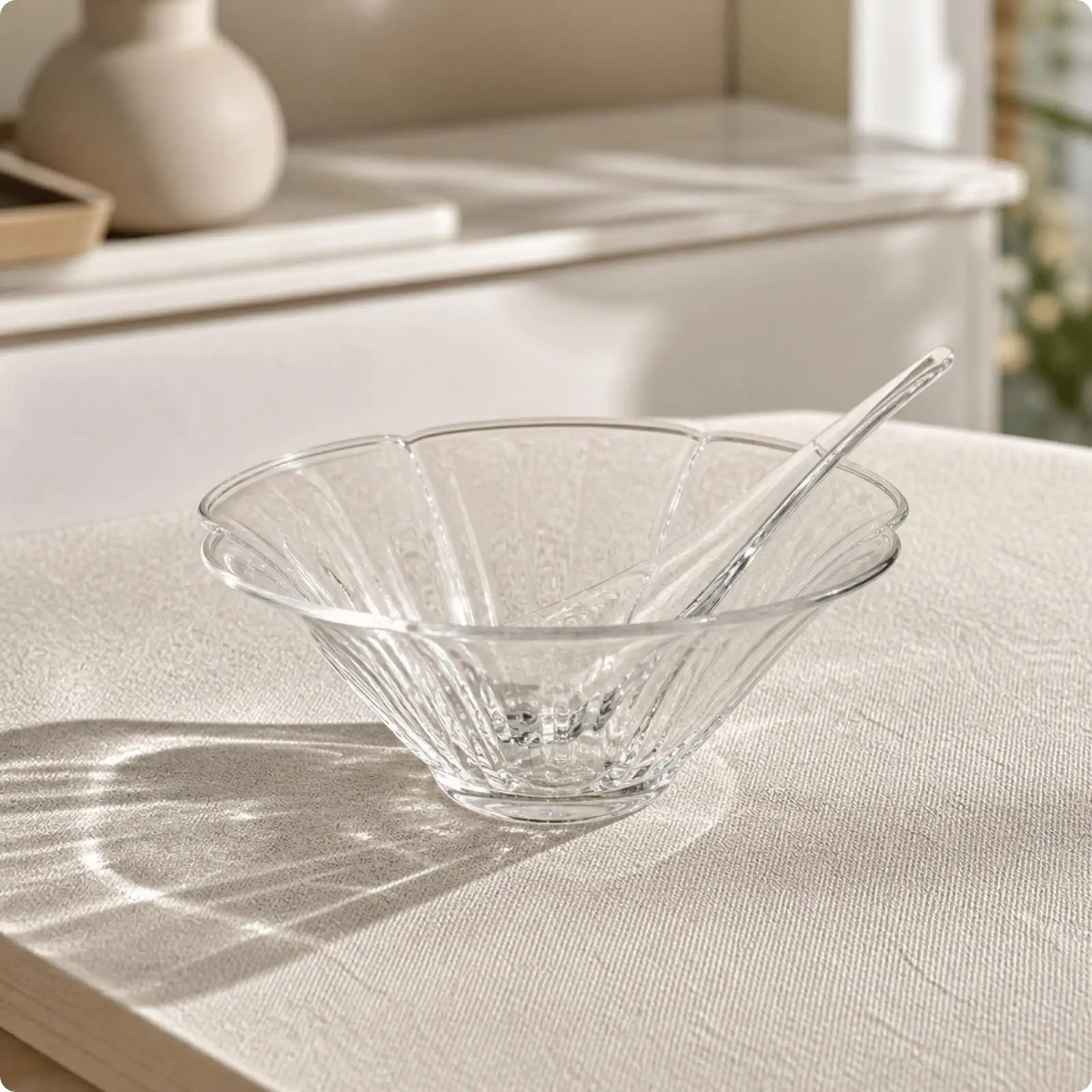 Glass Sashimi Serving Bowl with Fluted Edge and Vertical Ribbing for Seafood Fruit Dessert Buffet Table Use with Spoon