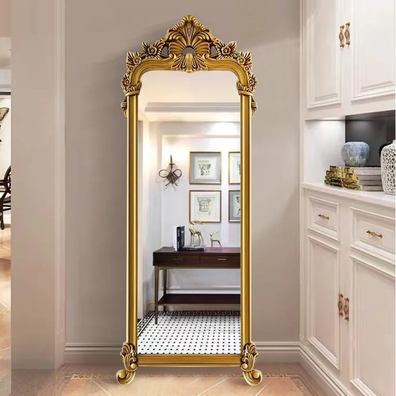 European Vintage Decorative Floor Mirror Floor Wall Mounted Full Length Extravagant Dressing Mirror for Bedroom Living Room