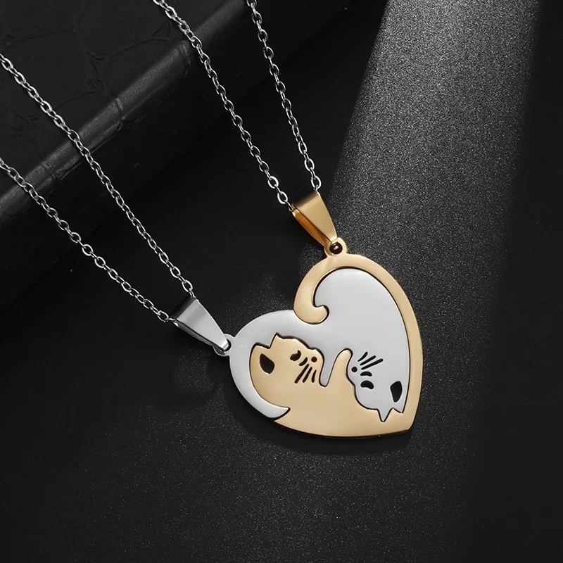 Stainless Steel Hug Cute Pet Cat Couple Pendant Necklace for Women Girls Fashion Exquisite Gift