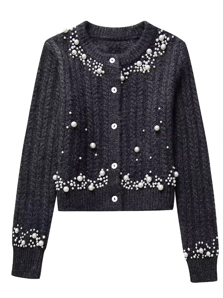 Rhinestone beading cardigan Stretch Women 2024 Spring autumn Long sleeve O-neck knitted sweater Slim Knitwear Gray INKEO 3O360