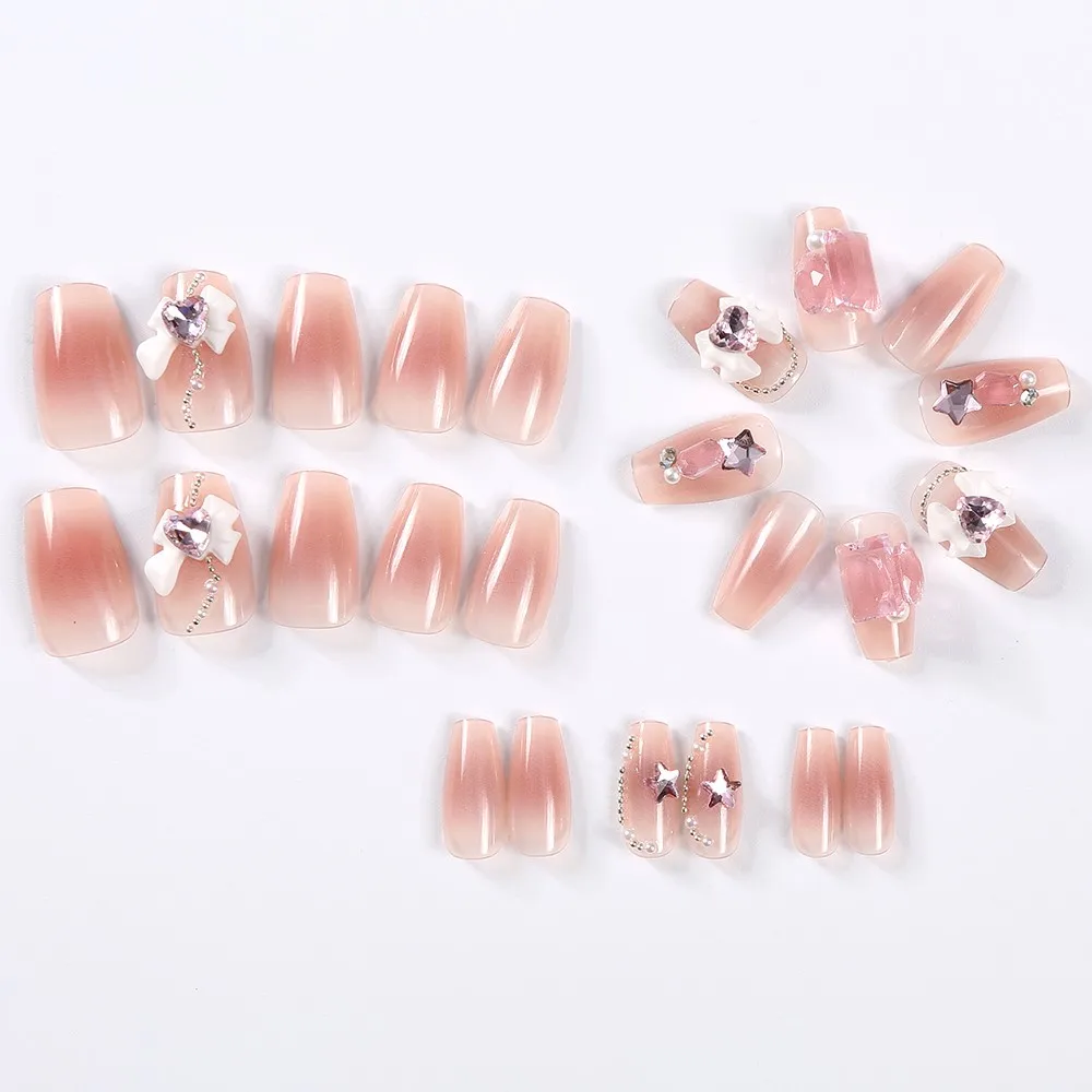 24Pcs/Lot Long Coffin False Nails with Bow Tie Rhinestones Nude Wearable Fake Nails DIY Full Cover Press on Nails Manicure Tips