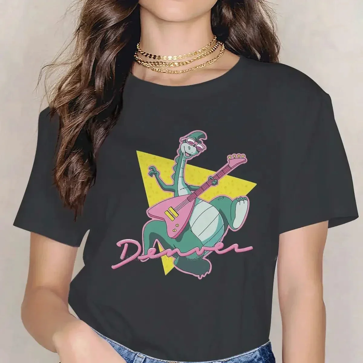 Camiseta de cuello redondo para mujer, camisa clásica de tela con dibujos animados de Denver the Last Dinosaur, Freddy, ropa de gran tamaño, 61539