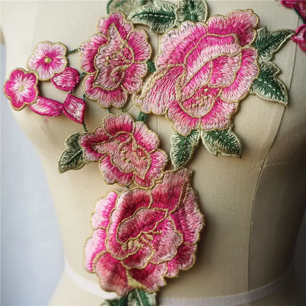 Embroidered Pink Peony Flower Green Leaf Lace Fabric Collar Gown Appliques Sew Patch For Wedding Decoration Dress DIY