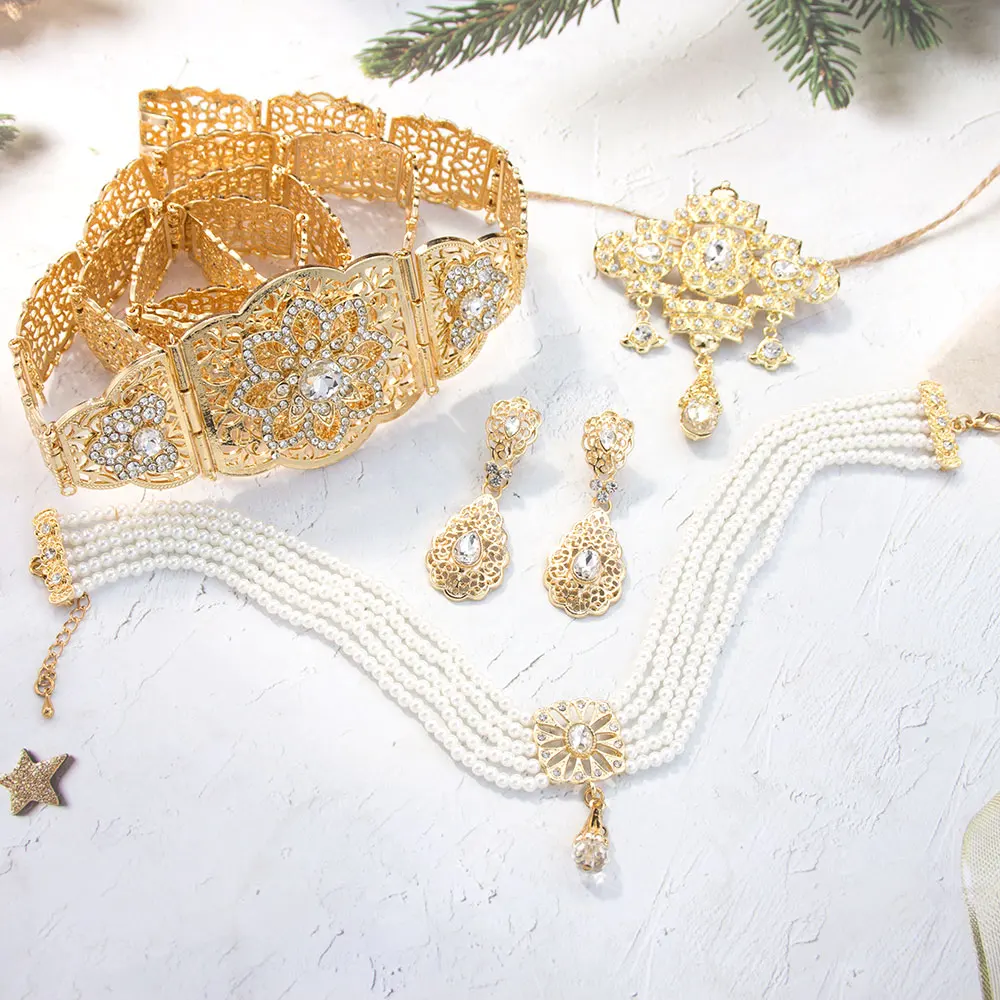 Sunspicems Elegent Moroccan Belt Sets Algeria Bridal Wedding Bijoux Hand Beads Chain Waist Belt Brooch Earring Arabic jewelry