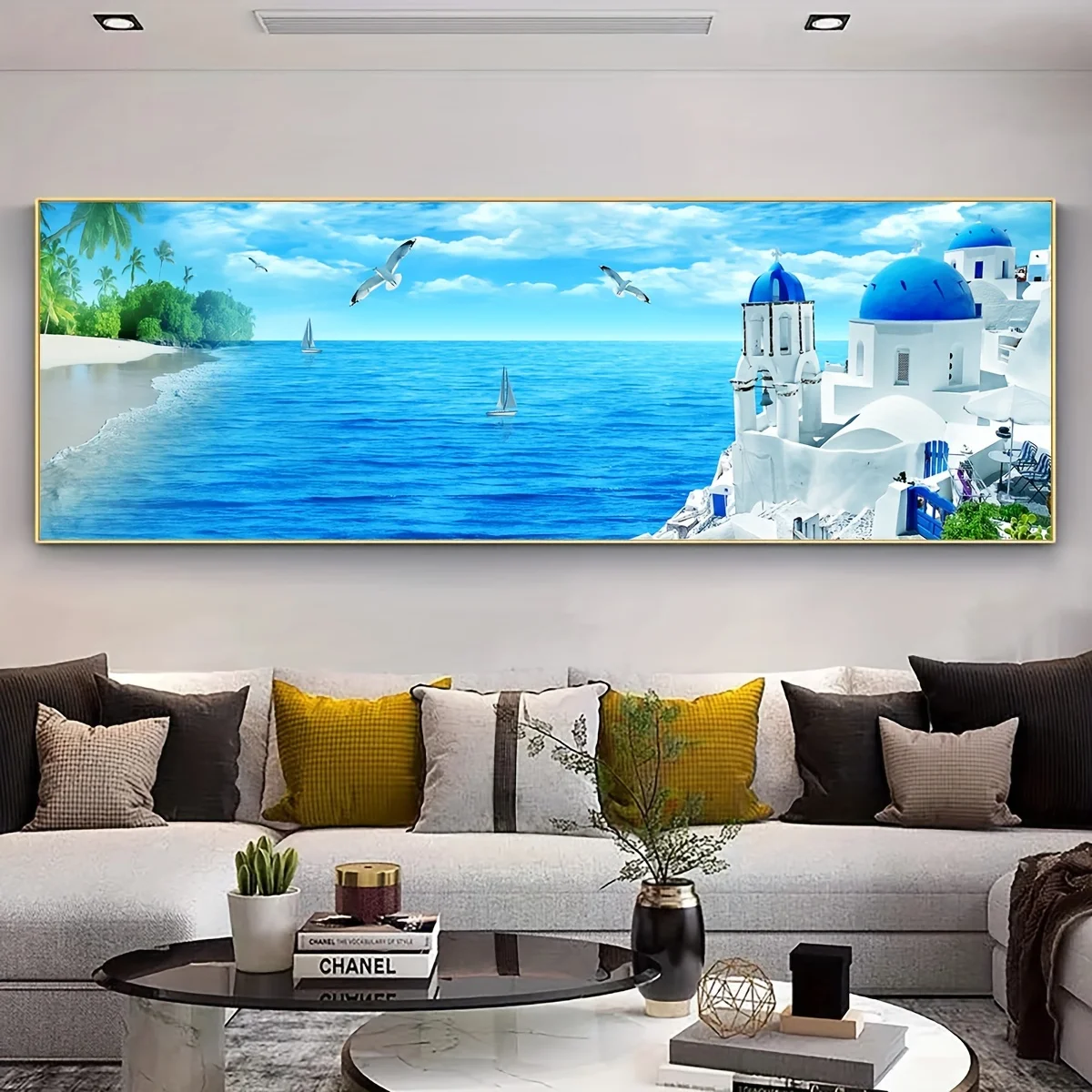 

1 Piece Santorini Style Canvas Wall Painting - Tranquil Sea and White Building Landscape, Perfect for Home Decoration