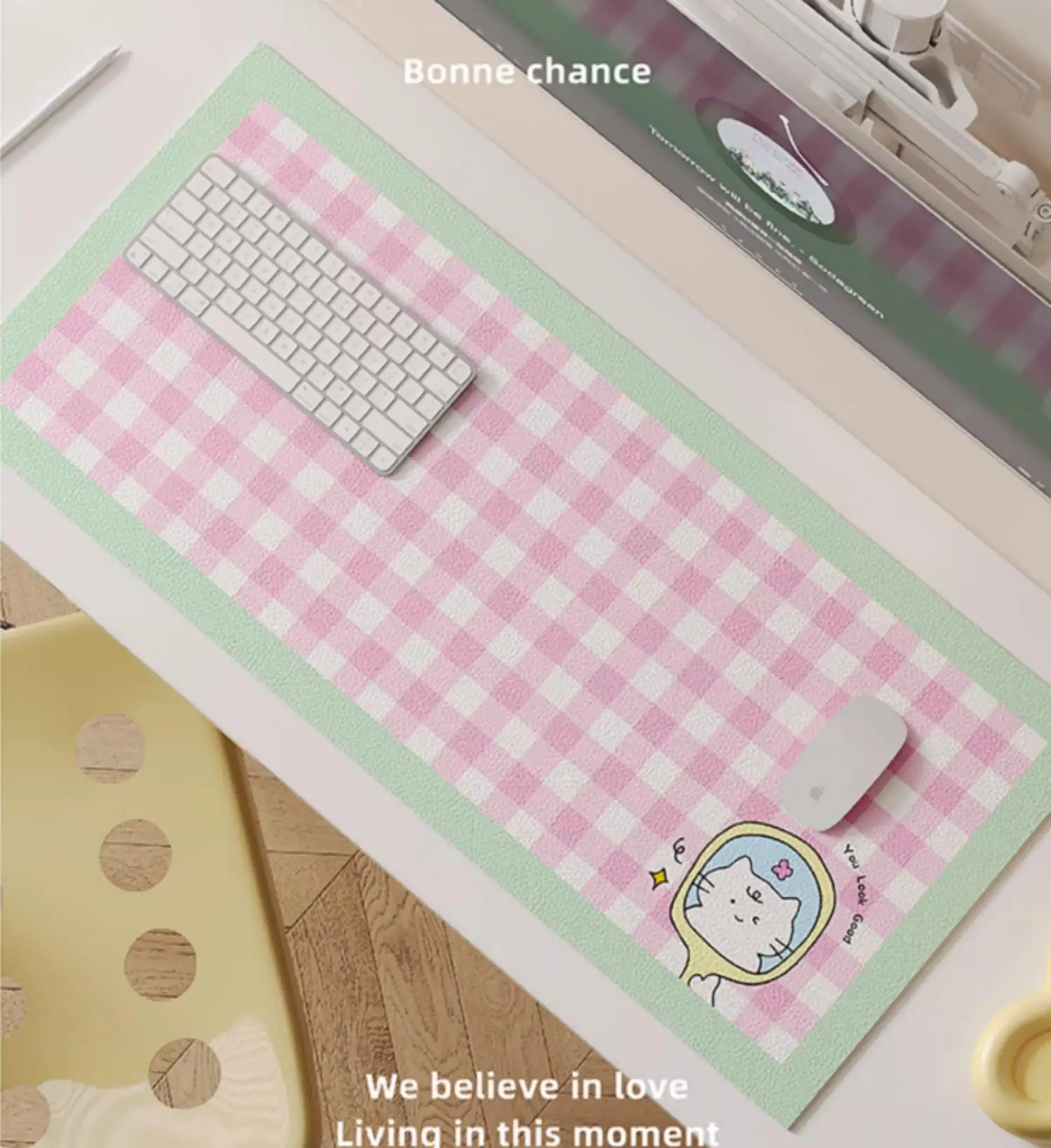 Cute Grid Kitten Pu Leather Mousepad Office Desk Mat Mouse P