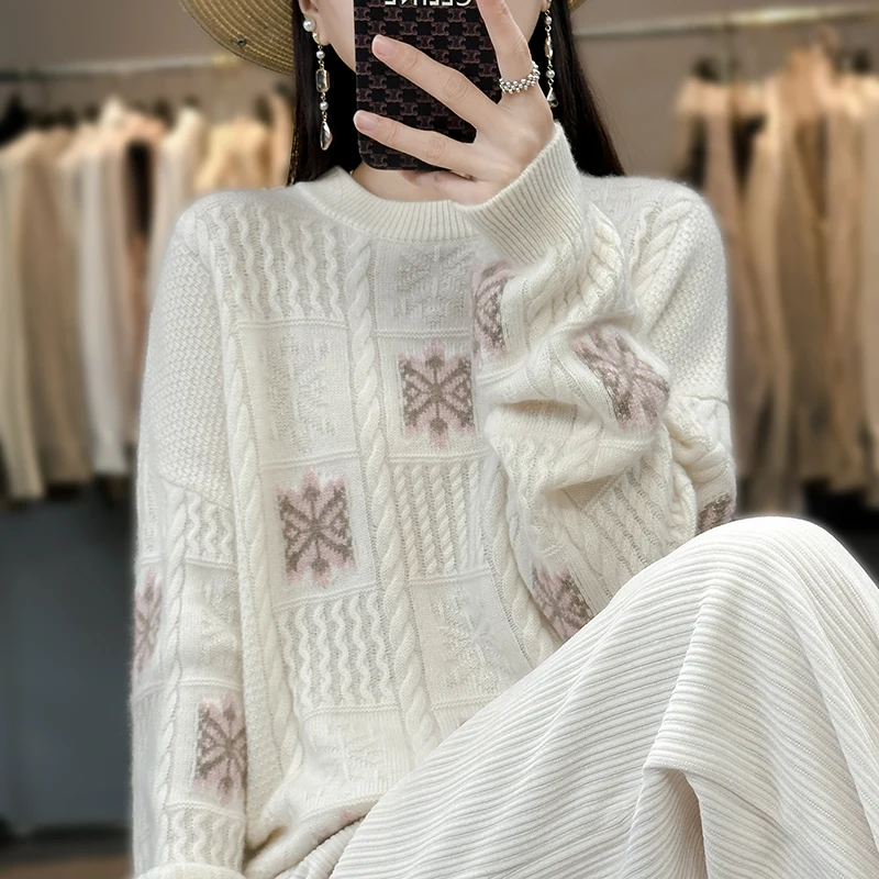 New 100% pure sweater in autumn and winter women's O-neck striped color matching sweater with loose knit bottoming shirt