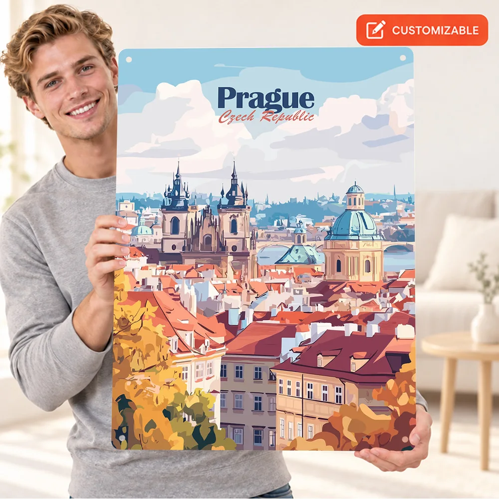 Prague Cityscape Travel Textured Metal Poster Personalized Aluminum Sign Vintage Style Scenic Wall Art For Entryway Room Accent
