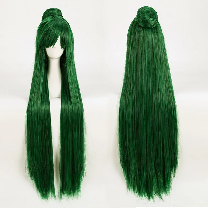 Sailor Pluto Meiou Setsuna Cosplay peruca com bolo destacável, cabelo sintético resistente ao calor, longas perucas verdes, boné de peruca