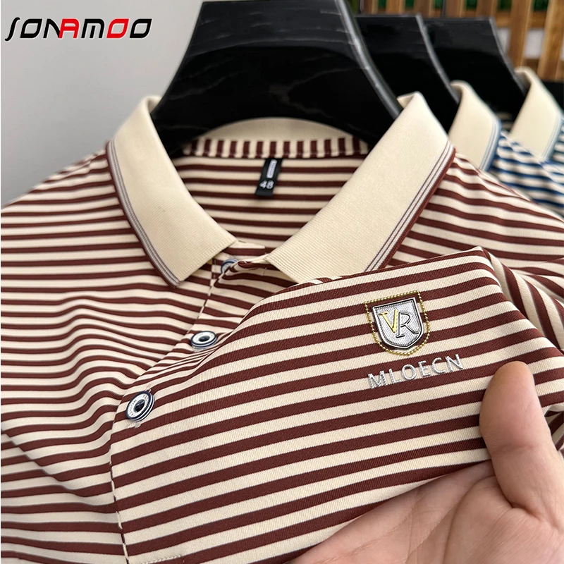 2024 Men's New Striped Cotton Business Casual Short Sleeved POLO Shirt Fashion  Comfortable and Breathable Top