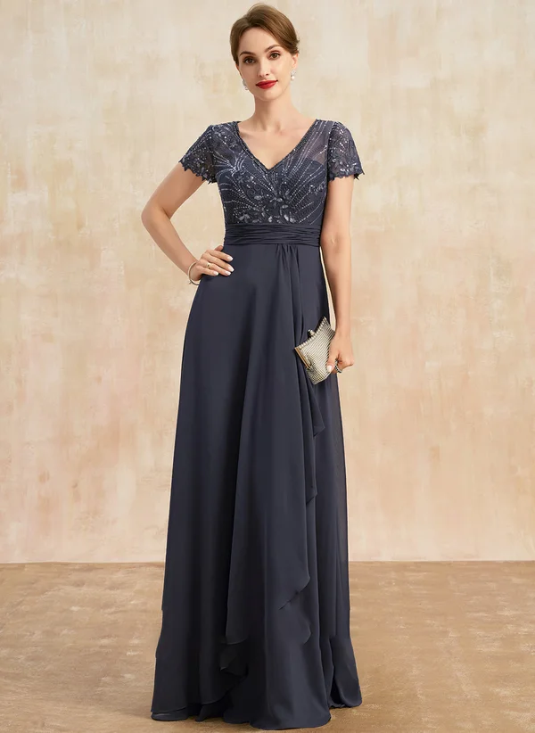 

A-line V-Neck Floor-Length Chiffon Lace Mother of the Bride Dress With Beading Cascading Ruffles Sequins Evening Party Dresses