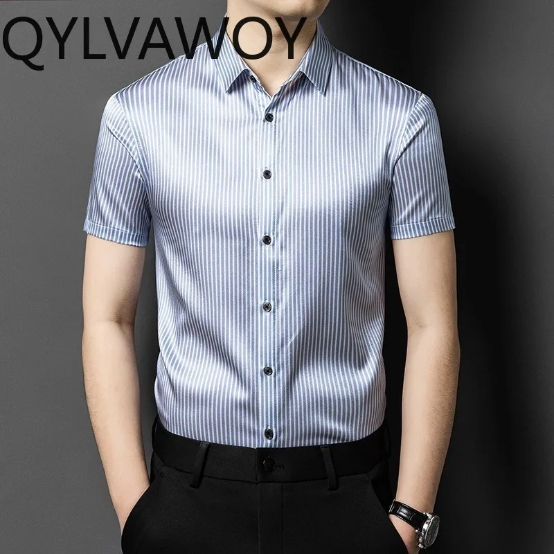 QYLVAWOY 90.8% Mulberry Silk Shirts for Man Stripe Men's Shirts Premium Shirt Long Sleeve Tops Menswear Clothing Business Casual