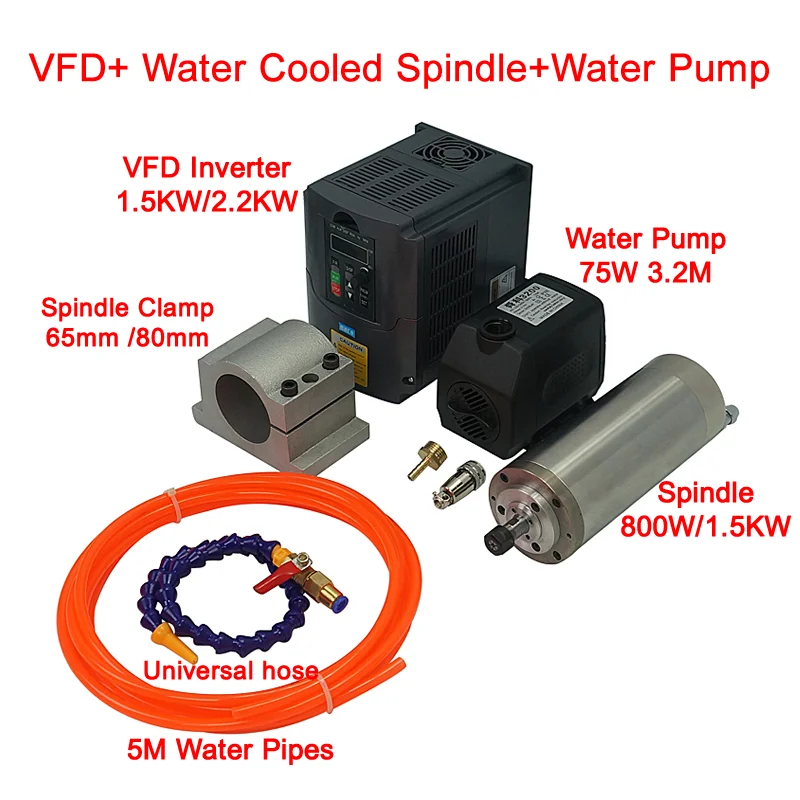 

1.5KW Spindle 80mm 2.2KW VFD Spindle For DIY CNC Milling Machine Water Pump 5M Water Pipes 80mm Clamp