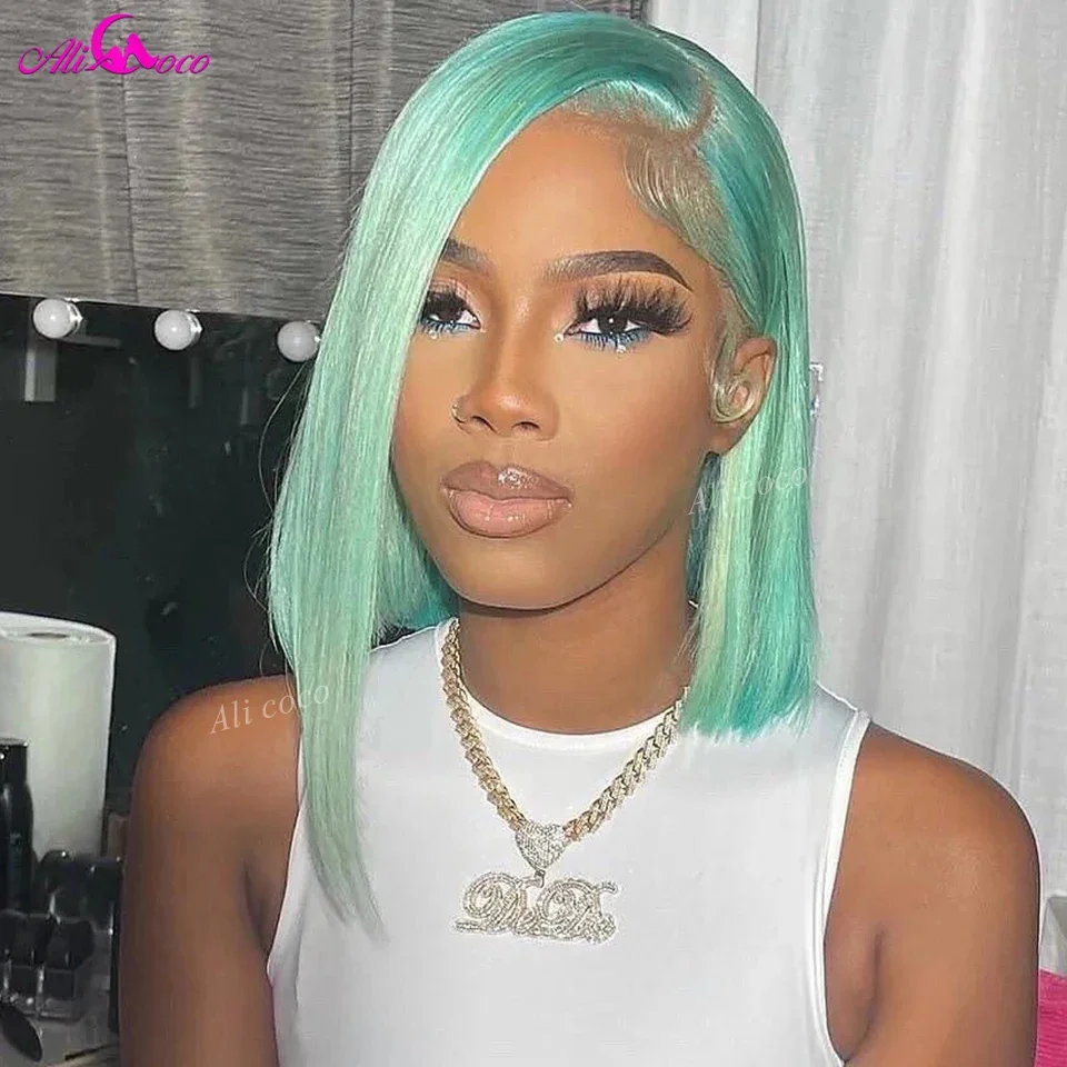 Light Green Color Short Bob Wig Lace Front Human Hair Wigs For Women Transparent Silky Straight Wig Brazilian Women Wigs