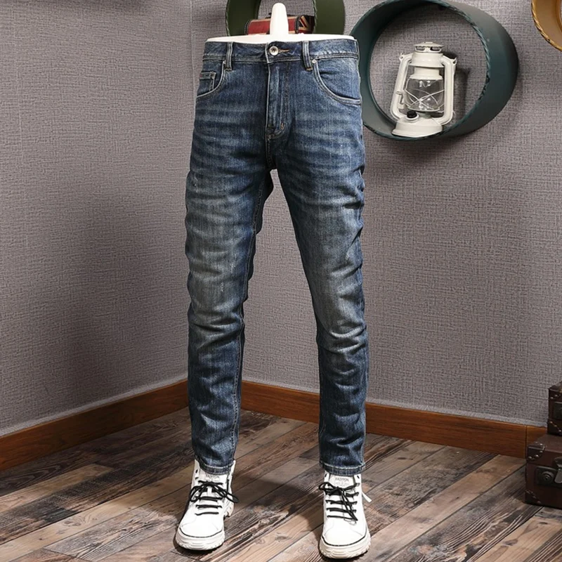 Fashion Designer Men Jeans High Quality Retro Blue Elastic Slim Fit Ripped Jeans Men Casual Trousers Vintage Denim Pants Hombre