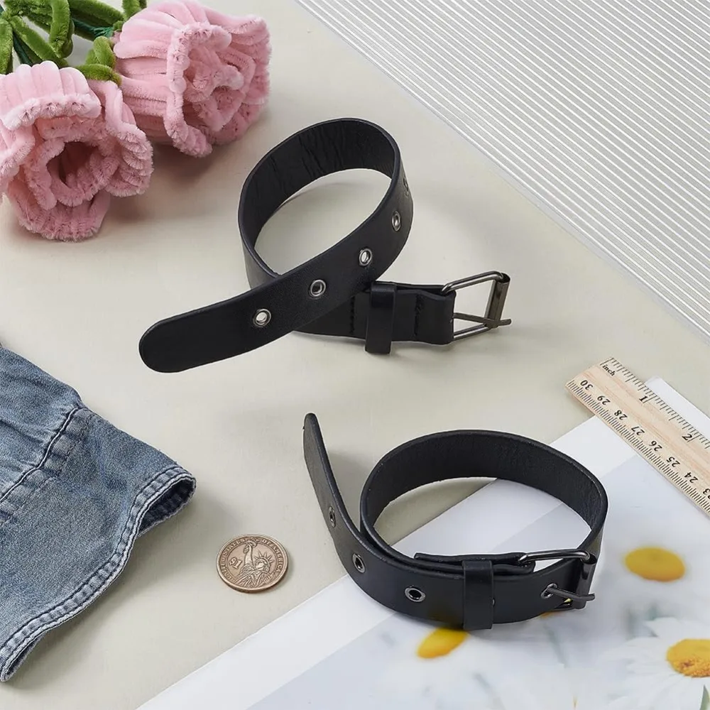 2 قطعة الأشرطة التقليدية النقبة الموسع الجلود الكفة حزام أبازيم 1x16 بوصة الأسود بولي Leather الجلود حزام قابل للتعديل مع مربع معدني #4