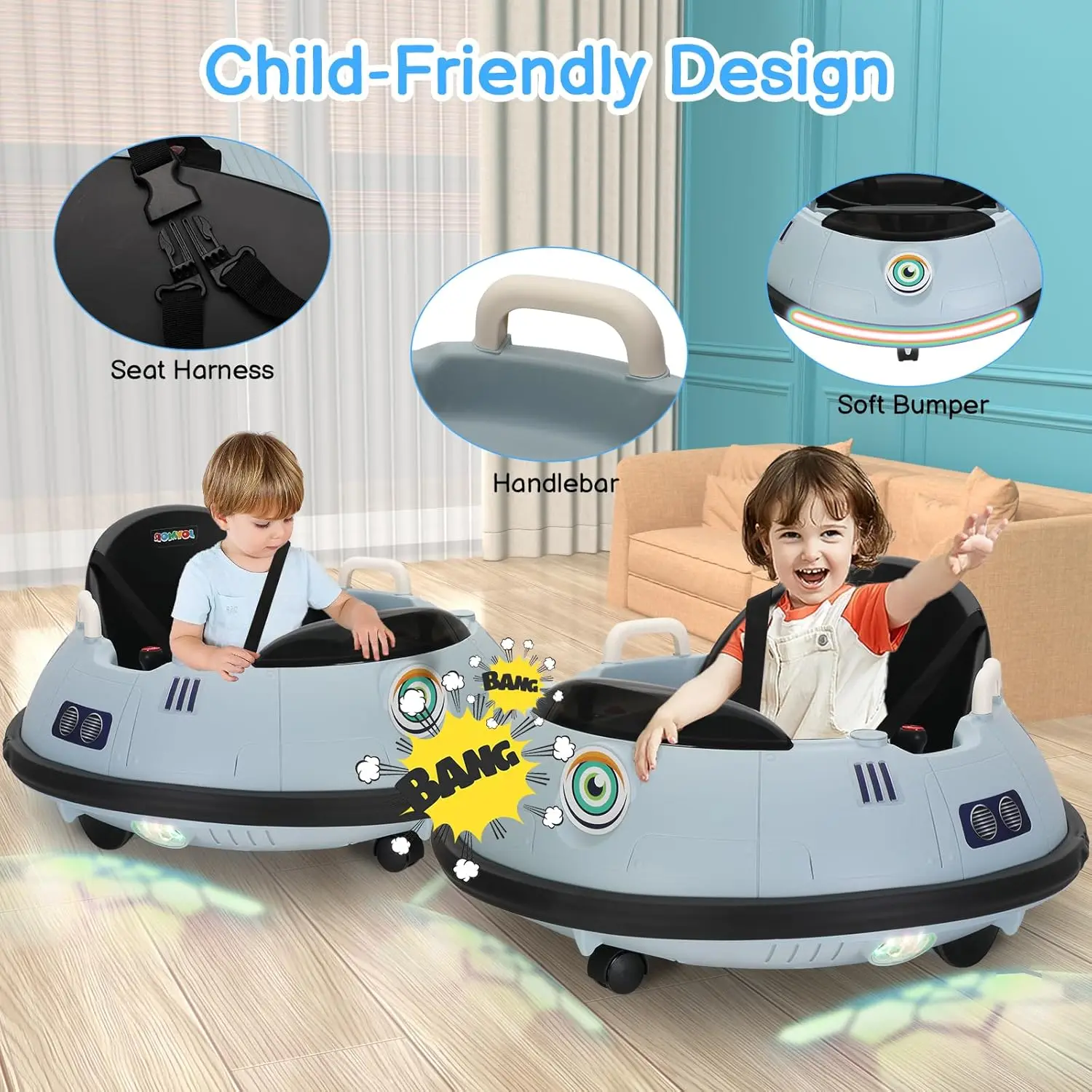 어린이 및 유아용 전기 범퍼카, UFO 범핑 장난감 자동차 선물용 12V 탑승, 수동 및 원격 제어, LED 조명, 360도