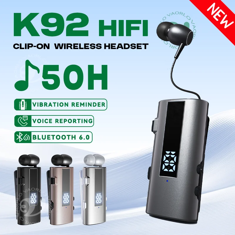 K92 بلوتوث 6.0 Lavalier سماعة رأس للأعمال دعوة 30h/الموسيقى 50h الاهتزاز تذكير LED شاشة ديجيتال مع هيئة التصنيع العسكري سماعة لاسلكية