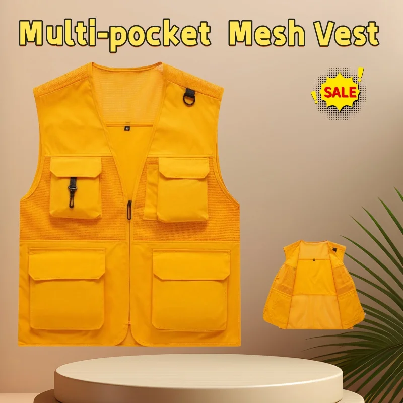 Multi-Pocket Breathable Net V-Neck Vest Work and Leisure Vest Summer Uniform Fishing Vest Custom Logo Printed Brand and Text