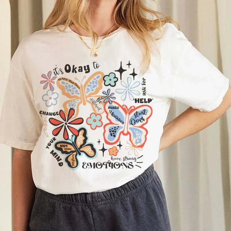 

Обычная женская модная футболка с акварельным принтом бабочки и круглым вырезом, повседневный стиль, популярный забавный милый топ, женская футболка