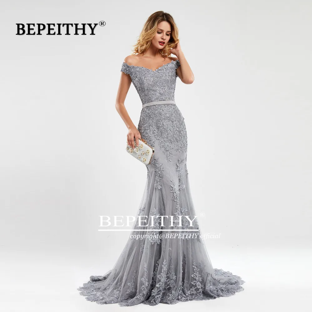 BEPEITHY Customized Mermaid Off Shoulder Long Evening Dresses For Women Lace Luxury Dubai Prom Dress With Short Train Party Gown