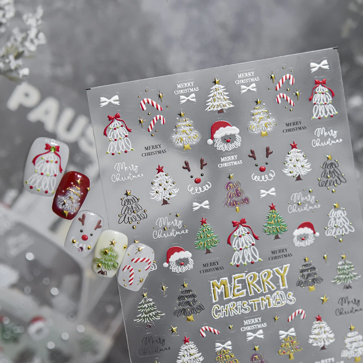 Simple Line Art 5D Xmas Nail Stickers Hand Drawn Christmas Tree Candy Cane Santa Head Elk Self Adhesive Nail Manicure Decals
