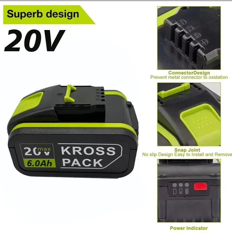 Used for WORX WA3553/WA3551 20V6000mah Cordless Power Tool Battery WA3572 WA3553 WX390 WX176 WX178 WU268 Backup Battery+charger