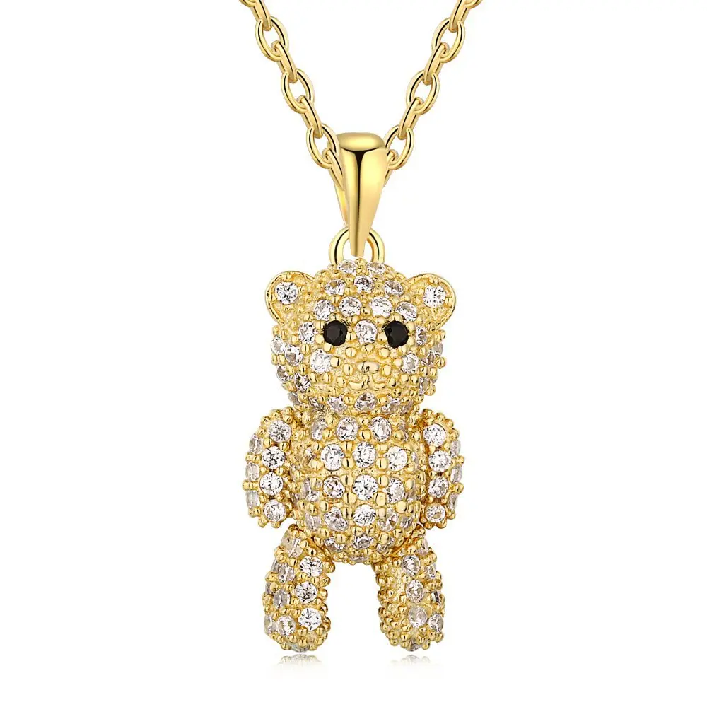 New 925 Sterling Silver Necklace Women's Light Luxury Hip Hop Style Full Diamond Cute and Cute Little Bear Pendant