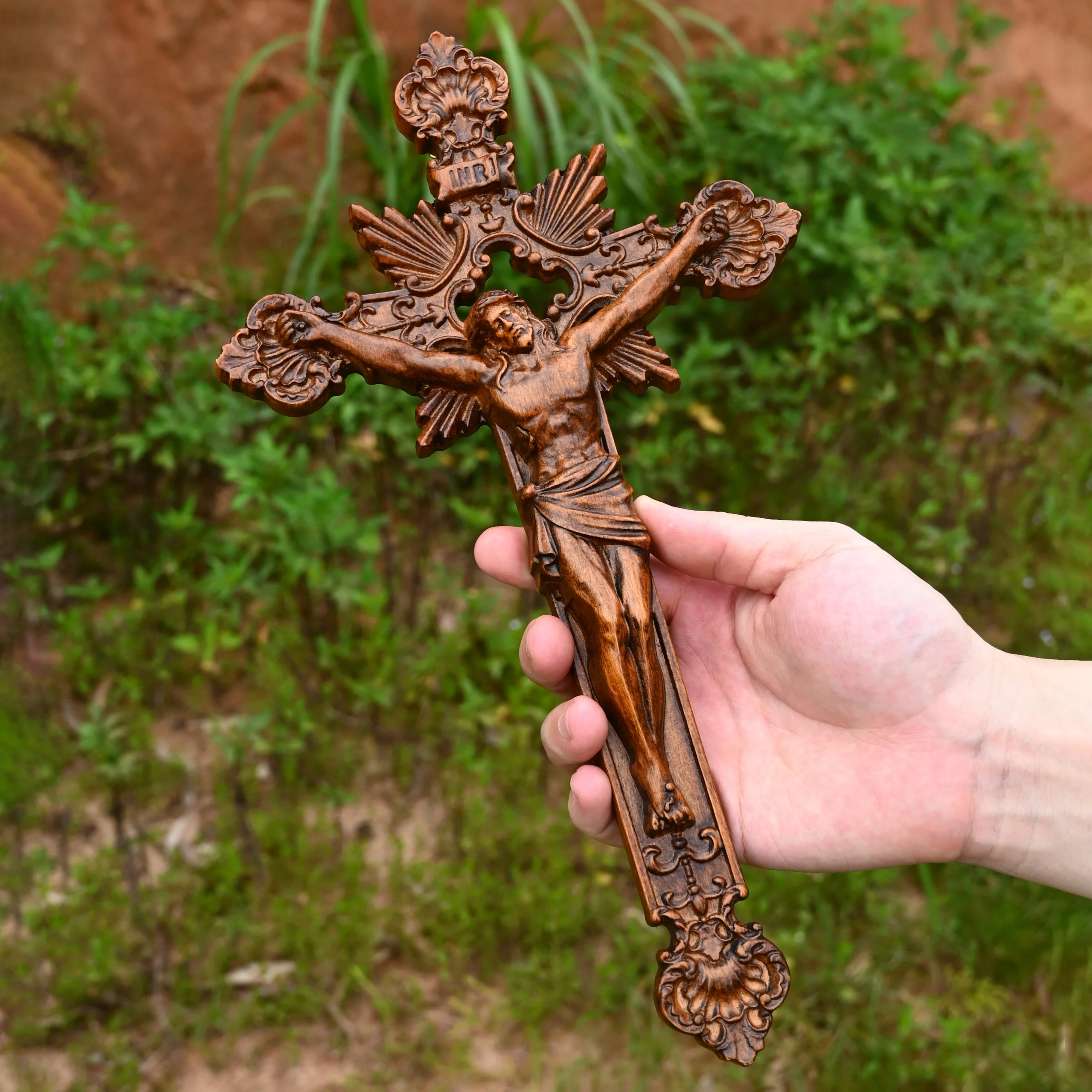 Handmade Solid Wood Jesus Cross 12.6 Inch Handheld Crucifix for Christian Prayer & Religious Gift