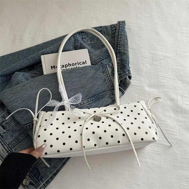 Retro Polka Dot Shoulder Bag Korean Fashion Commuter Underarm Bag Women Sweet Bow Tote Bag