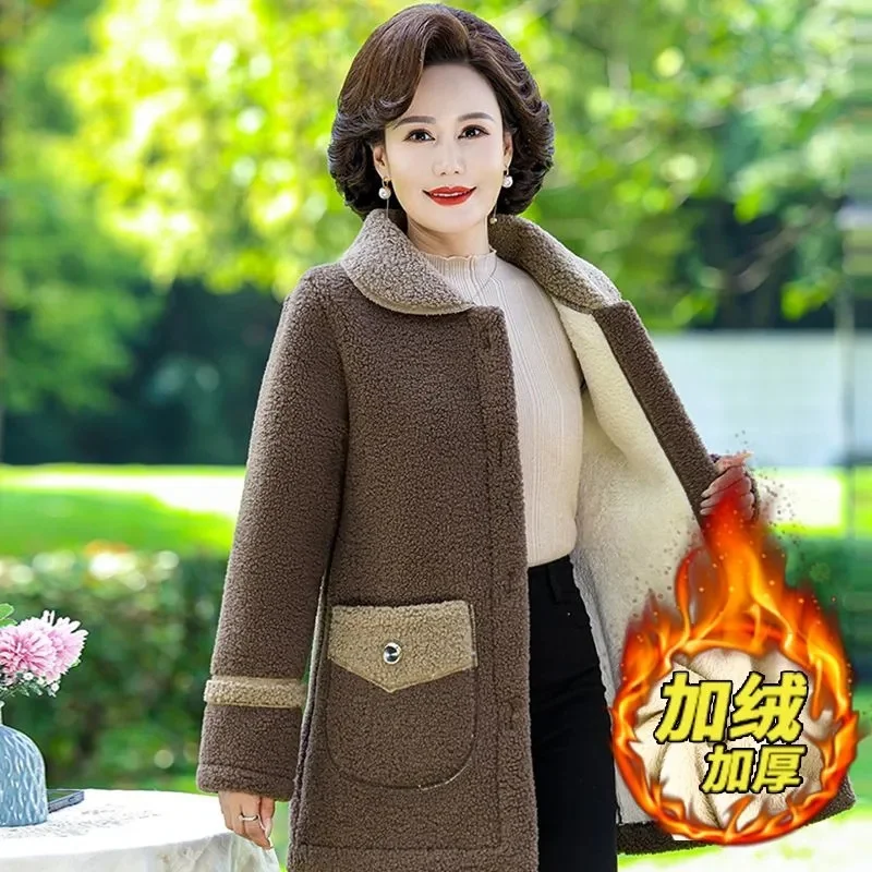 Winter Jacket Middle-Age Elderly Women Clothing Thicken Imitation Lamb Wool Coat Mother's Mid-Length Granular Velvet Coat