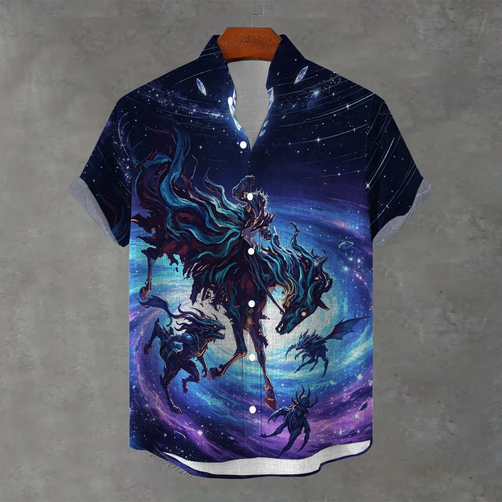 European and American fantasy style starry sky demon knight print short-sleeved men's shirt, loose stand collar, thin casual top