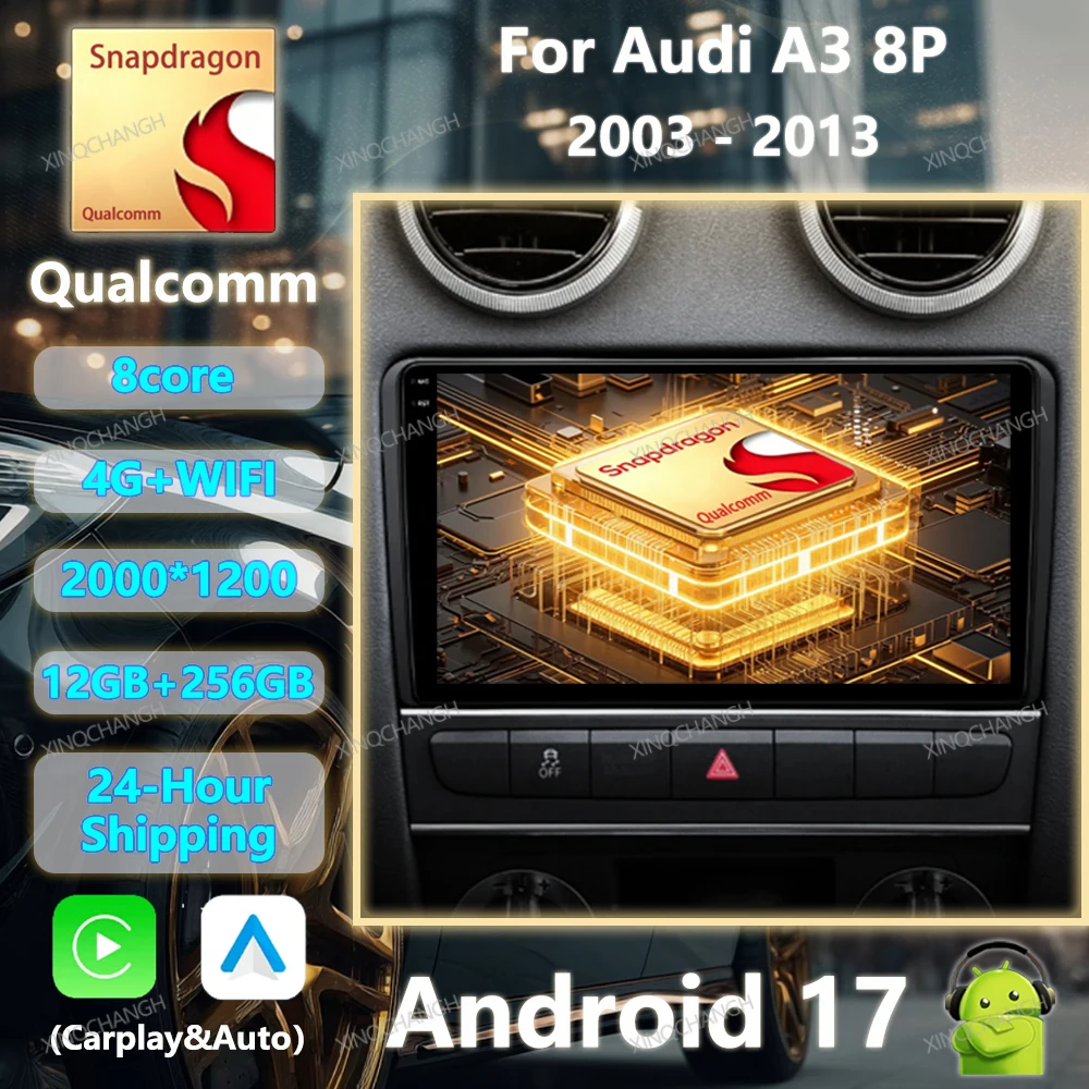 Android 17 Car Radio Carplay Auto For Audi A3 8P 2003 - 2013 Qualcomm Multimedia Video Player GPS 2DIN QLED BT Head Unit 4G WIFI