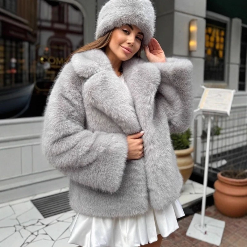 

TARUXY Fashion Faux Fur Lapel Coat Women's Elegant Solid Loose Lace-Up Leisure Jacket 2025 Winter New Female Keep Warm Fur Coat