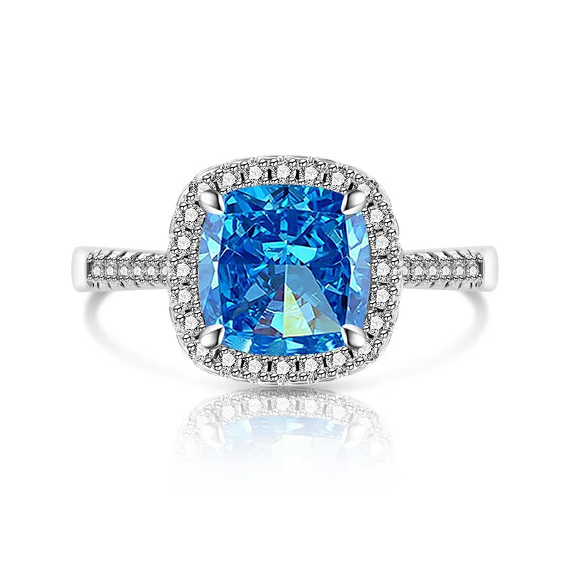 925 Sterling Silver Stylish and Simple Ice Flower Cut Princess Square Bag Zircon Ring Birthday Party Anniversary Gift