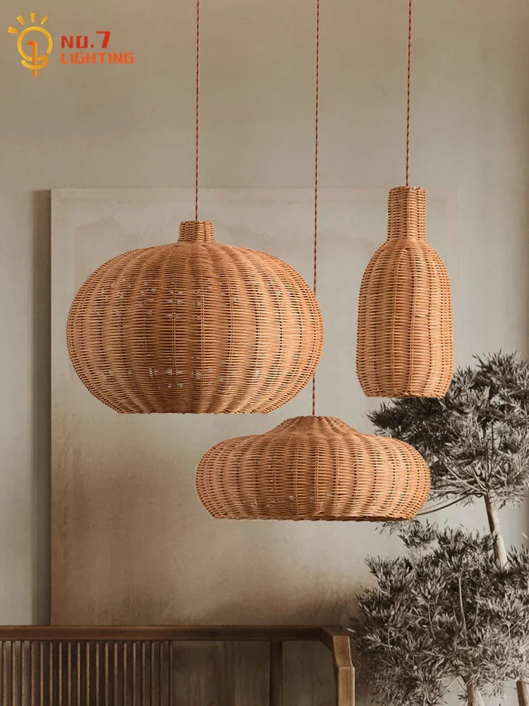 

Japanese Wabi-Sabi Rattan Weaving Restaurant Pendant Lights LED E27 Vintage Art Decorative Hanging Lamp Living Room Bedroom Cafe