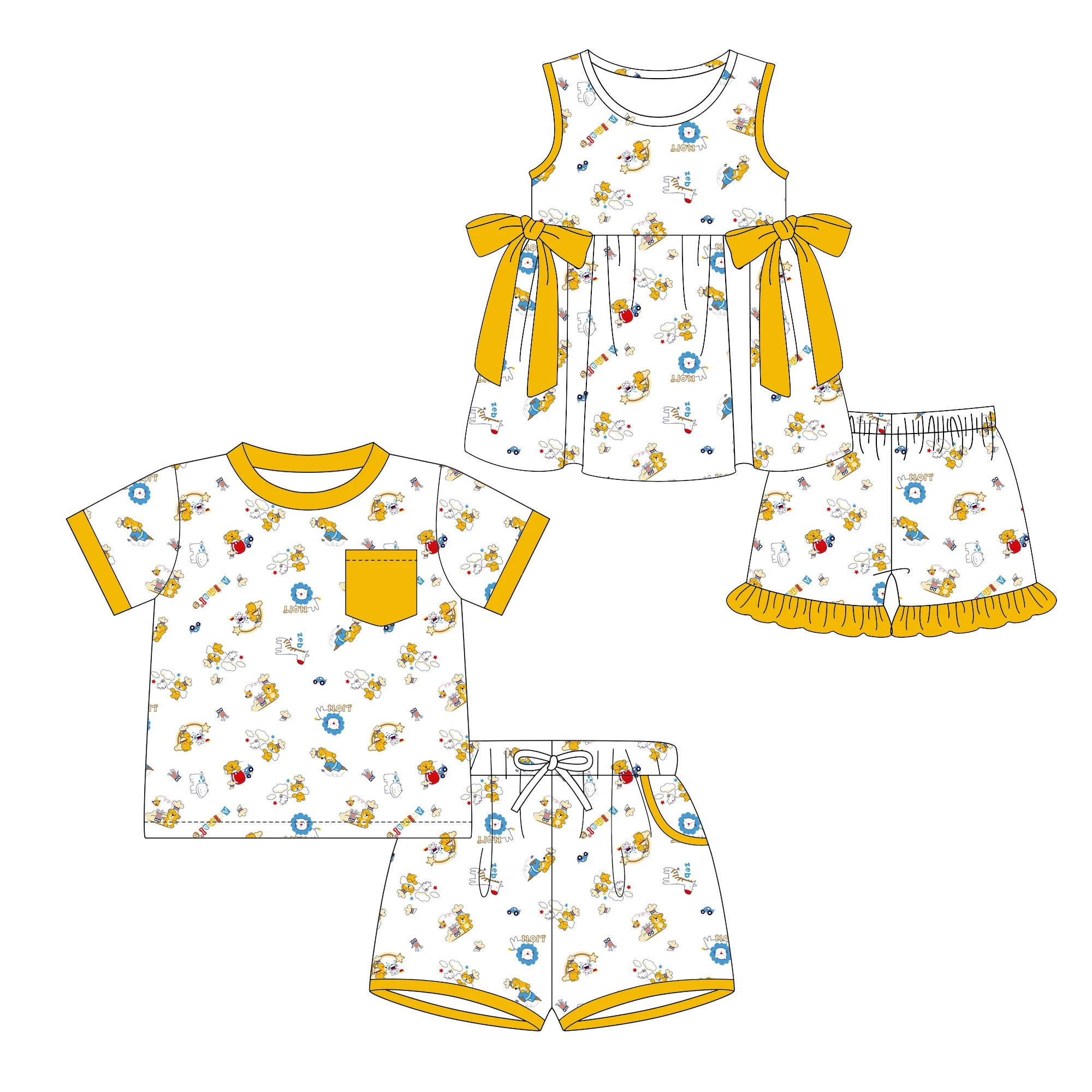 حار بيع الصيف بوتيك ملابس الأطفال الأصفر الكرتون الأسد طباعة طفل صبي وفتاة دعوى شقيقة مجموعة #1