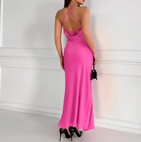 

Sexy Sleeveless Hanging Neck High Waist Satin Mermaid Dress Women's Fishtail Dresses 2025 New Fashion Long Dress for Women