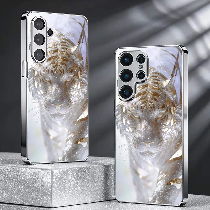 White Tiger Gold Vein Electroplated Silver Phone Case For Samsung A34 A54 A15 A35 A55 A06 A16 A36 A56 A07 A17 A37 57 Glass Cover