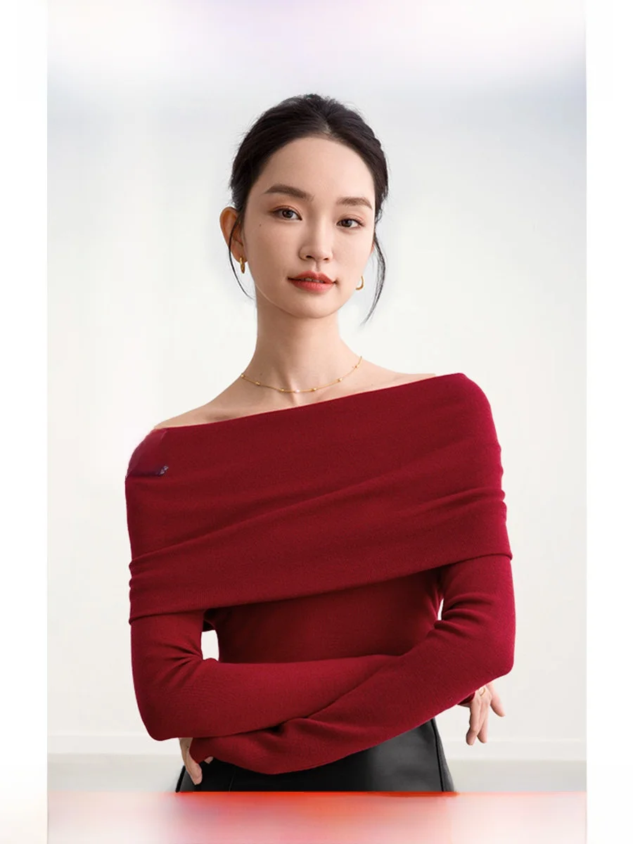 

ROCO Premium Spun Pure Wool Yangzhou Tead Вязаный свитер Красный на одно плечо Длинный свековый трикотаж для поездок на работу Sle Slim Fit