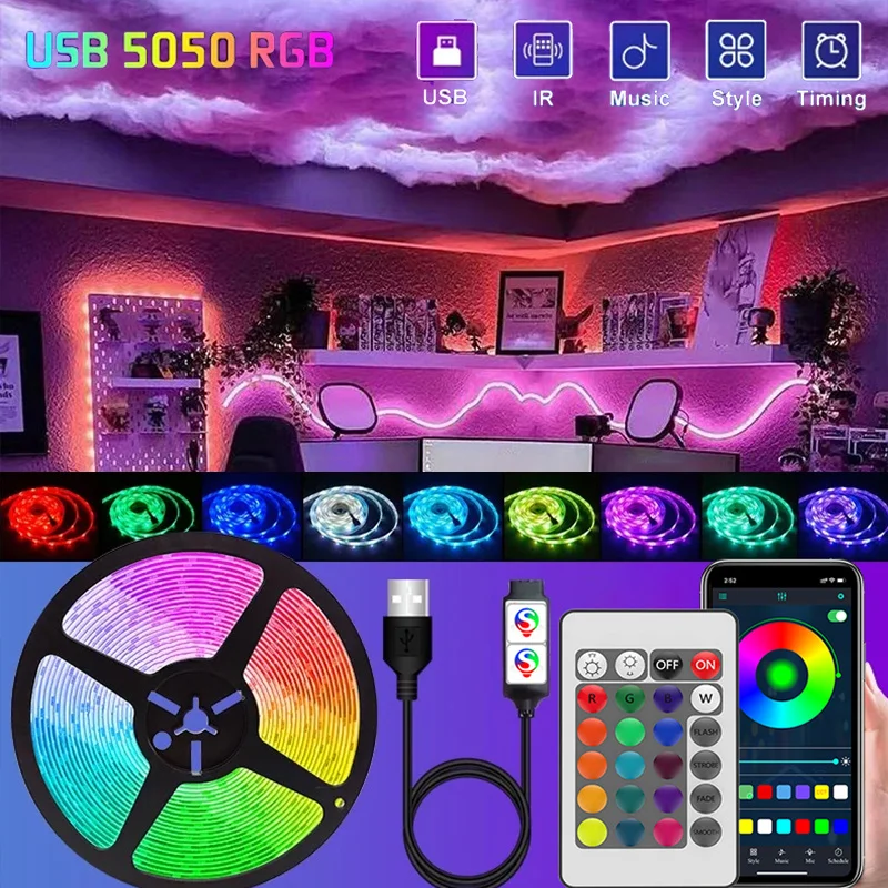 

Светодиодная лента USB Smart RGB с изменением цвета, управление через приложение, синхронизация с музыкой, для спальни и домашнего декора