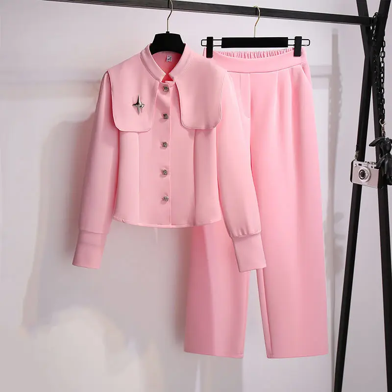 

Women Winter Y2K Suit Pink Tracksuit Navy collar Sweatershirt Top And Pant Two Piece Set Matching Outfit Female Fashion Clothing