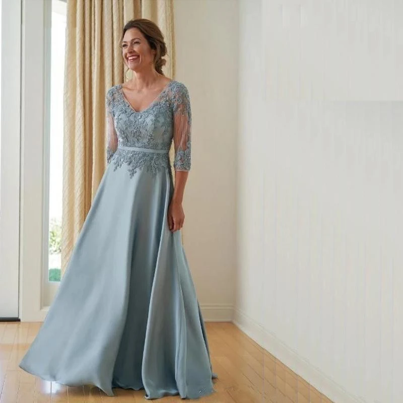 

Elegant Mother of the Bride Dress V-Neck Appliques 3/4 Sleeve A-Line Formal Bead Floor Length Evening Guest Gown robes de soirée